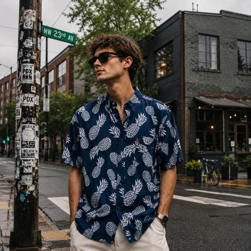 Levis Mens Pineapple Print Button Up Shirt Navy Blue Short Sleeve Cotton‎ Large